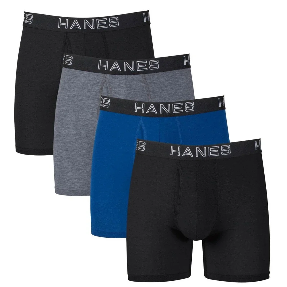 Hanes Men 4 Pack Total Support Pouch Boxer Brief Underwear Small Black Grey Blue